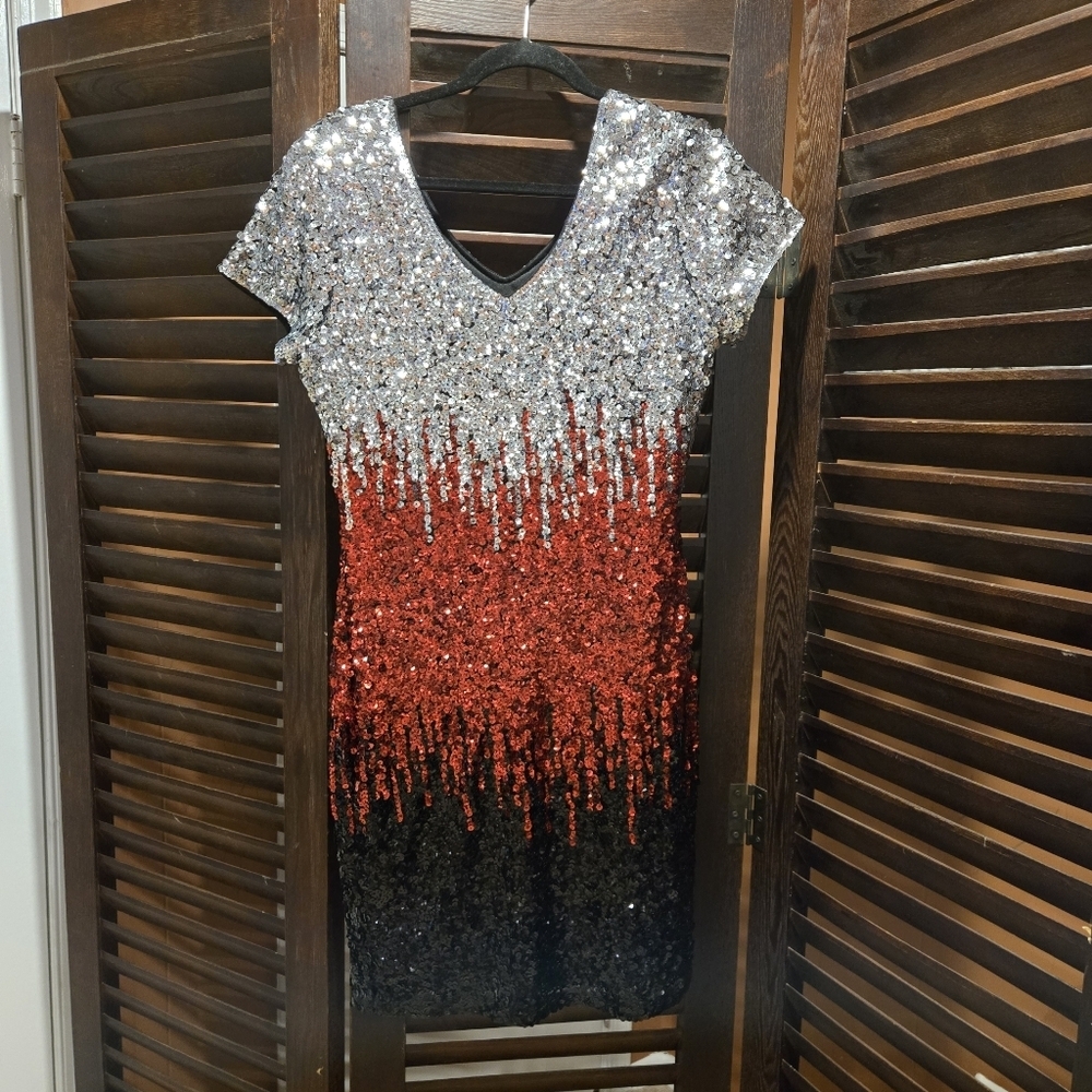 Silver and Red Sequin Dress